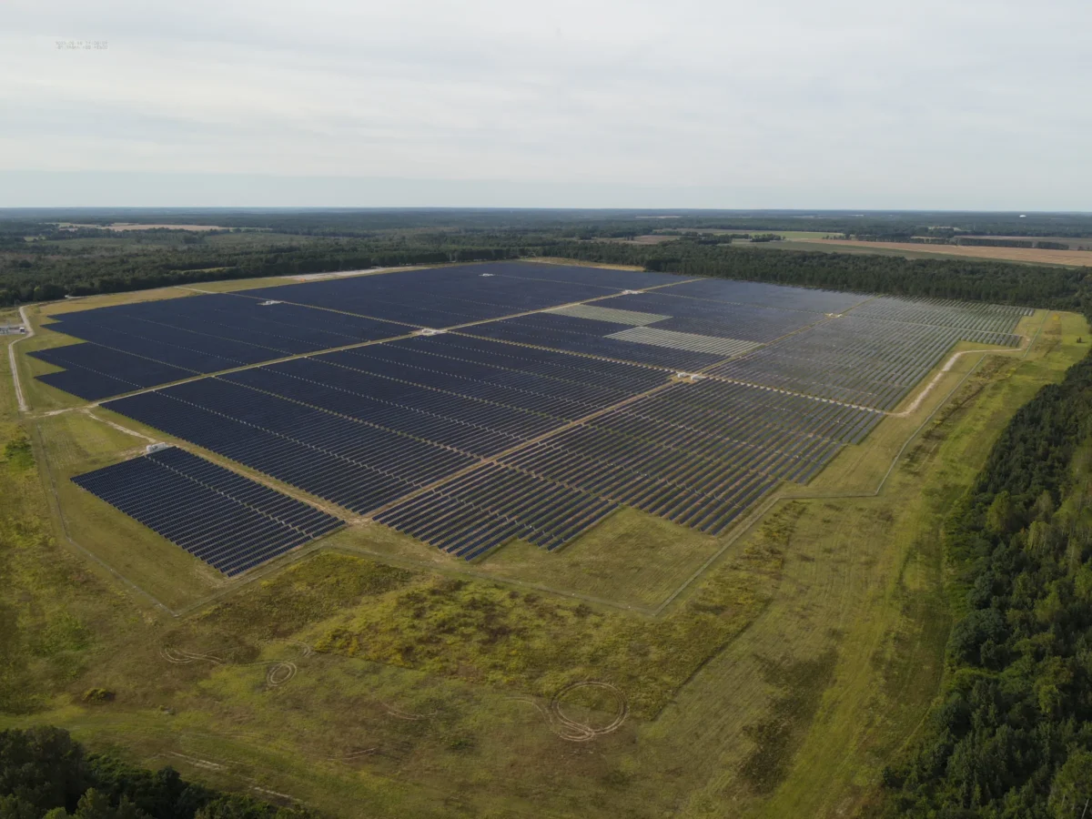 Aerial of a utility-scale 48 MW community solar project.