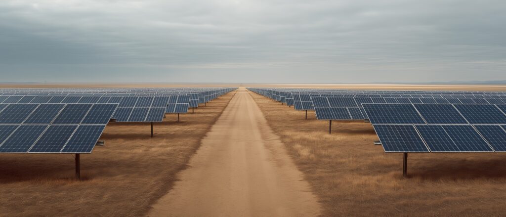 Utility-scale solar farm — rows of panels at dusk